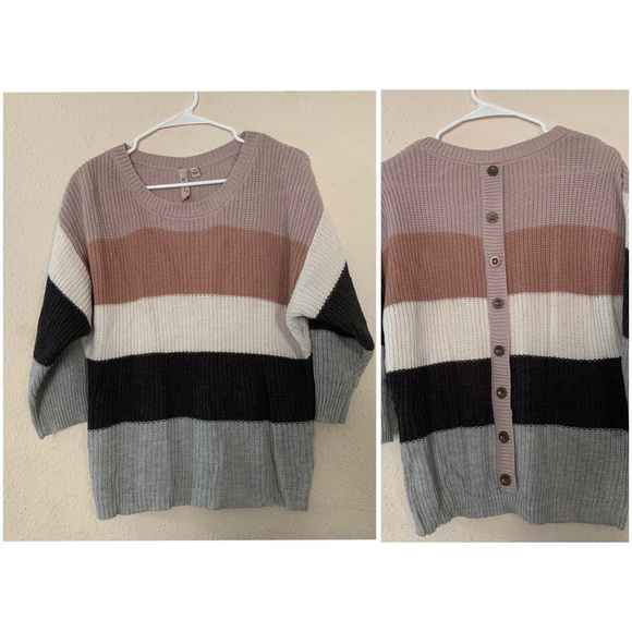 Misia Sweaters - MISIA Striped Color Block Knit Sweater Womens Size M Gray Pink Button Back